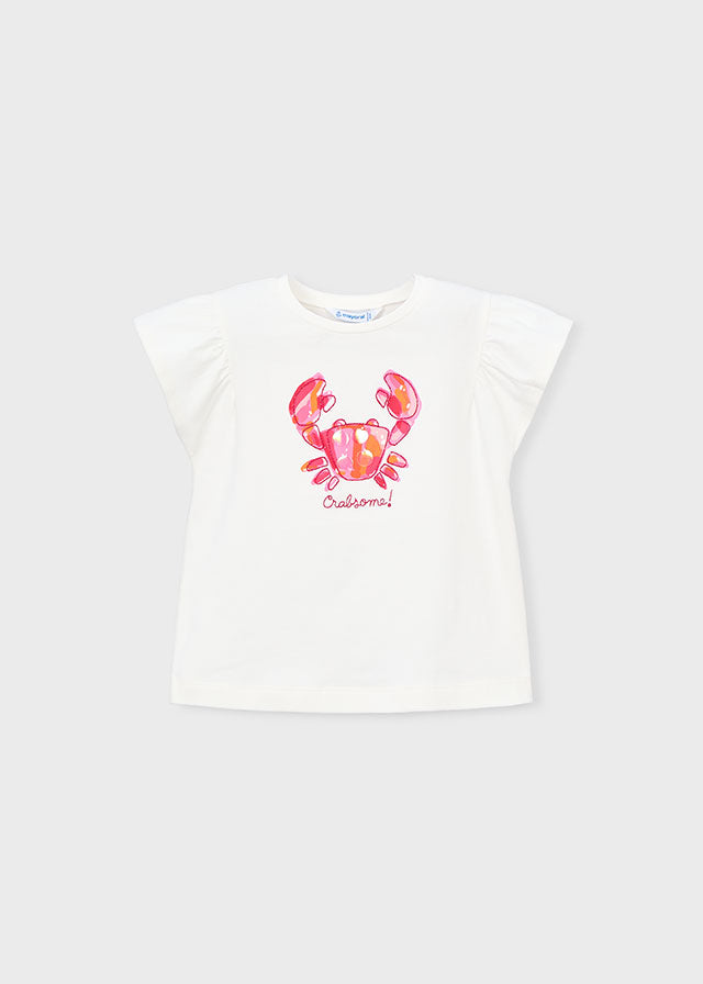 White t-shirt with a pink crab graphic on a light gray background