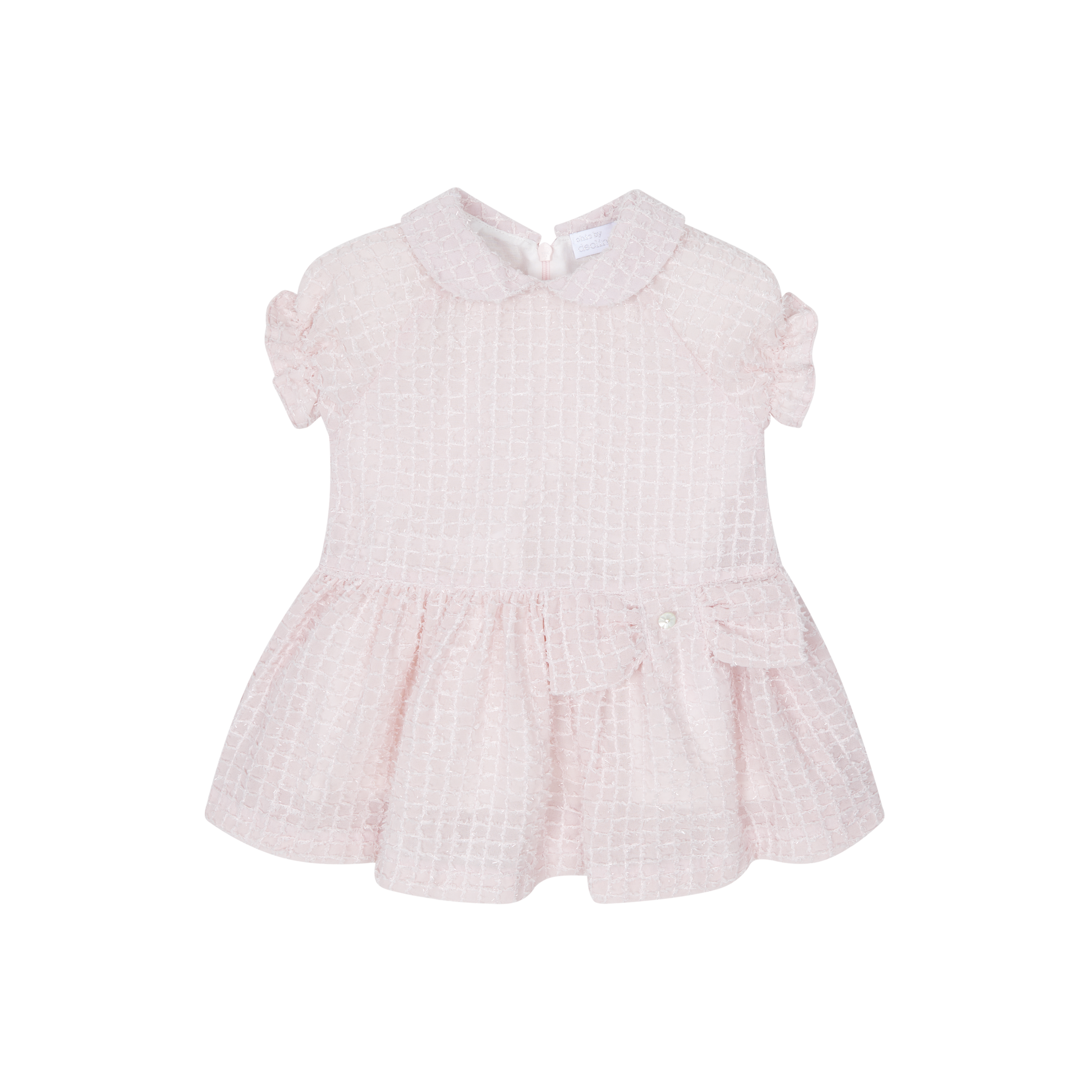 Pink checkered dress with ruffled sleeves on a white background