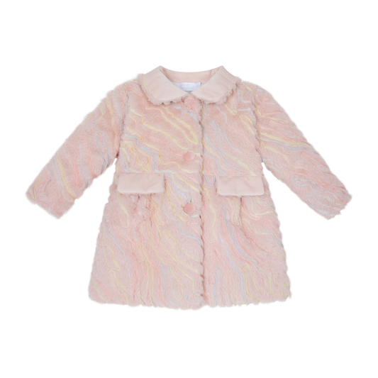 Pink fur coat with a collar on a white background